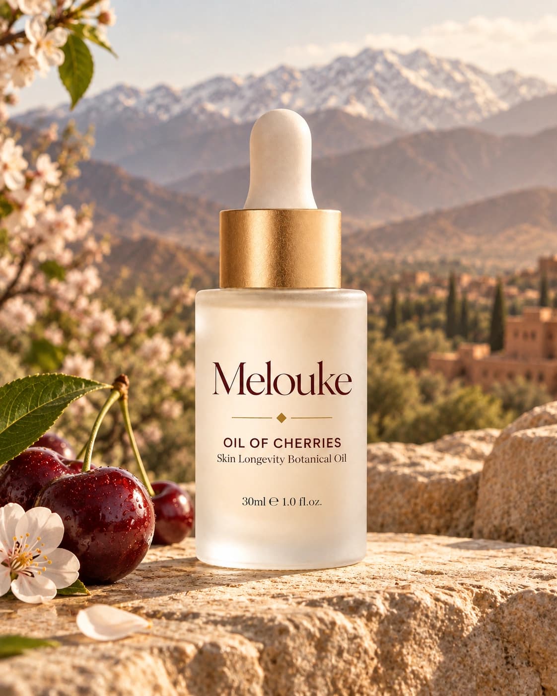 Flacon Melouke Oil of Cherries posé sur une roche ensoleillée avec cerises fraîches et fleurs de cerisier, devant les sommets enneigés de l’Atlas et une kasbah marocaine
