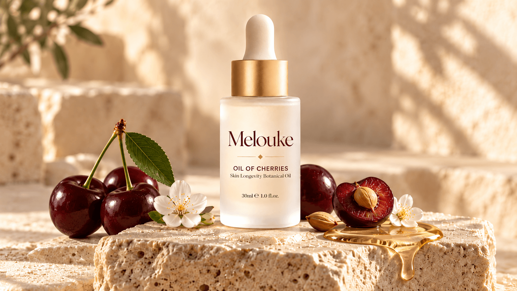 Flacon d’Huile de Cerises Maison Melouke pour stimuler le collagène du visage posé sur pierre de travertin avec cerises de l’Atlas et goutte dorée