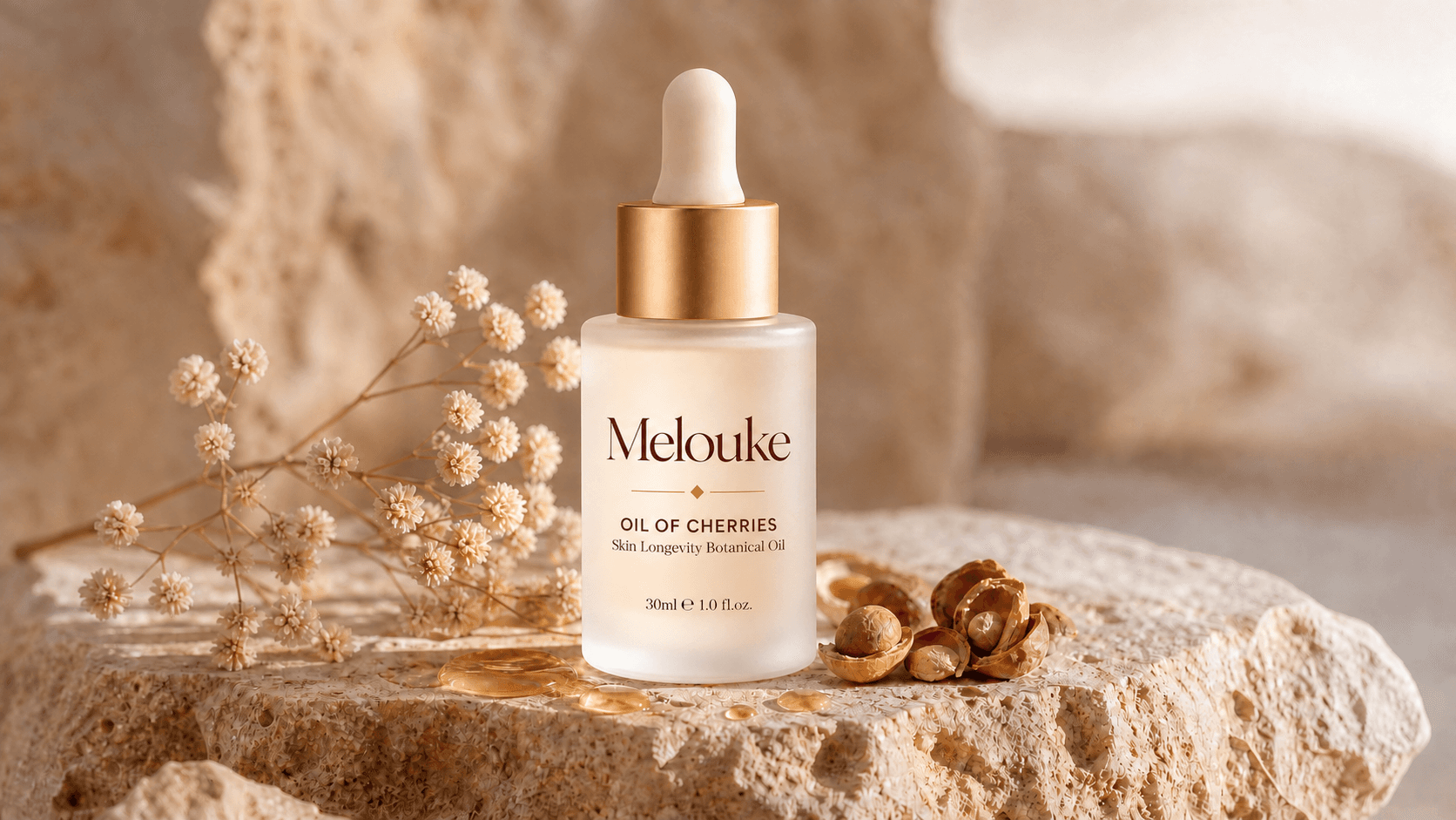 Flacon d’huile de soin pour peau sensible aux noyaux de cerises Maison Melouke dans un décor minéral de l’Atlas